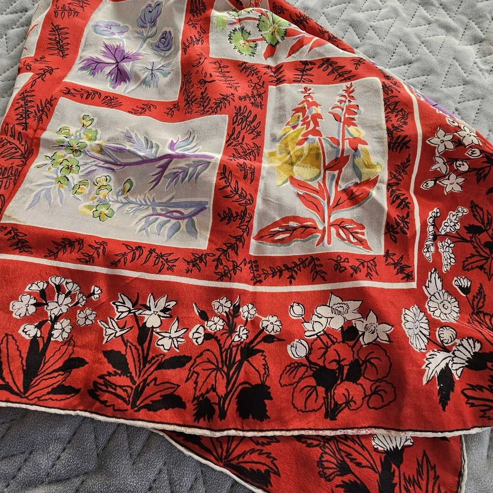 Vintage Scarf, Red with Flowers